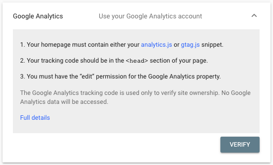 Verifying your website in Google Search Console with Google Analytics